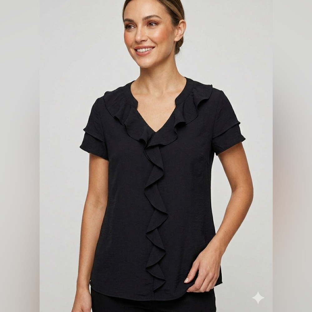 CICI Ruffle V-Neck Blouse S 19” p2p Black NWT